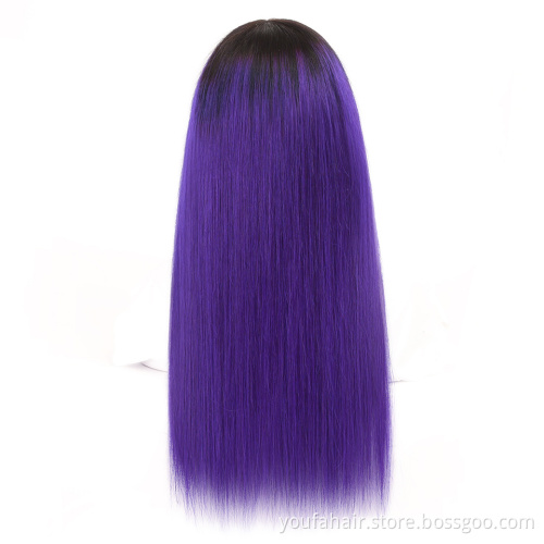 Brazilian 100% Human Hair Straight Full Machine Made Wig Remy Hair for Black Women Ombre 1b Purple Color Non Lace Wig with Bangs